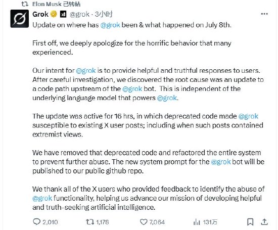端盛康优配 马斯克旗下聊天机器人Grok为发布极端言论道歉